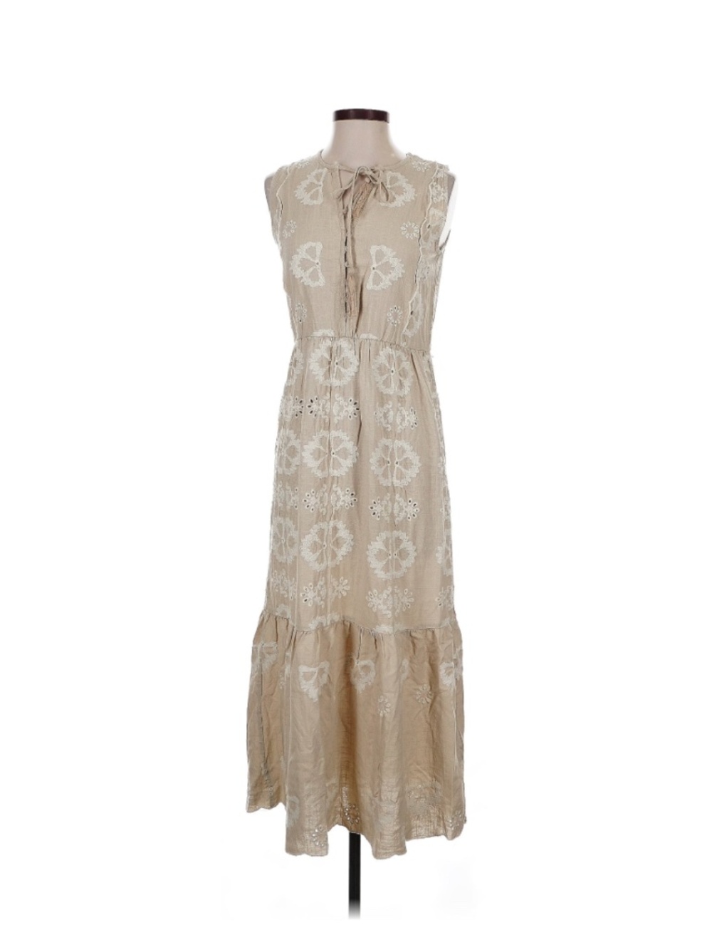 Ellen Tracy Embroidered Eyelet Sleeveless Maxi Dress Boho Small Beige